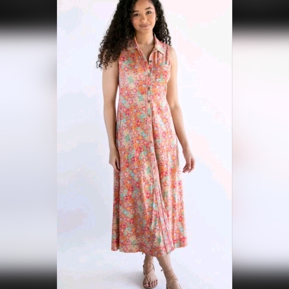 Natural Life Lauren Sleeveless Maxi Dress Medium Retro Floral Button Up Cotton